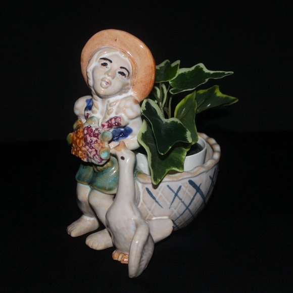 Japan Ceramics Flower Pot | Girl & Duck Vintage Planter - Picture 1 of 8